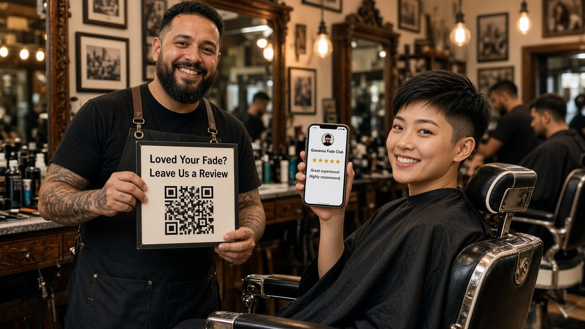A tattooed barber in a Brooklyn barbershop proudly holds up a small counter sign with a QR code reading Loved Your Fade? Leave Us a Review, while a customer in the chair with a fresh haircut holds up her phone, facing the camera, showing a five-star review screen for Gowanus Fade Club