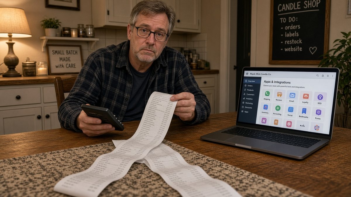 A deadpan candle shop owner at his kitchen table holds a calculator and a paper receipt so long it spills across the table and onto the floor, while his laptop faces the camera showing the Apps and Integrations page of his Maple Wick Candle Co. online store, filled with app tiles