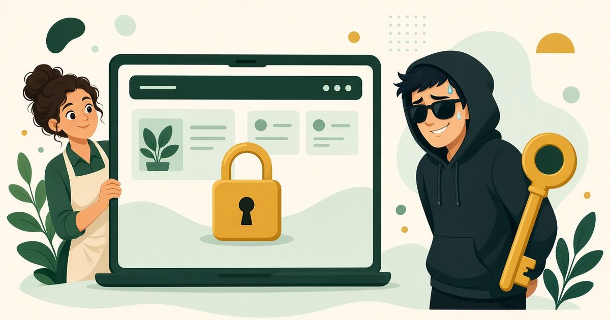 Illustration of a curious small business owner peeking at a locked website on a giant laptop while a shifty developer in a hoodie hides a big golden key behind his back