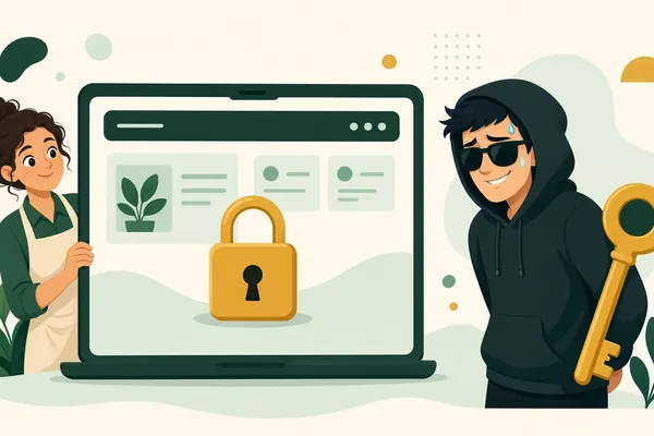 Illustration of a curious small business owner peeking at a locked website on a giant laptop while a shifty developer in a hoodie hides a big golden key behind his back