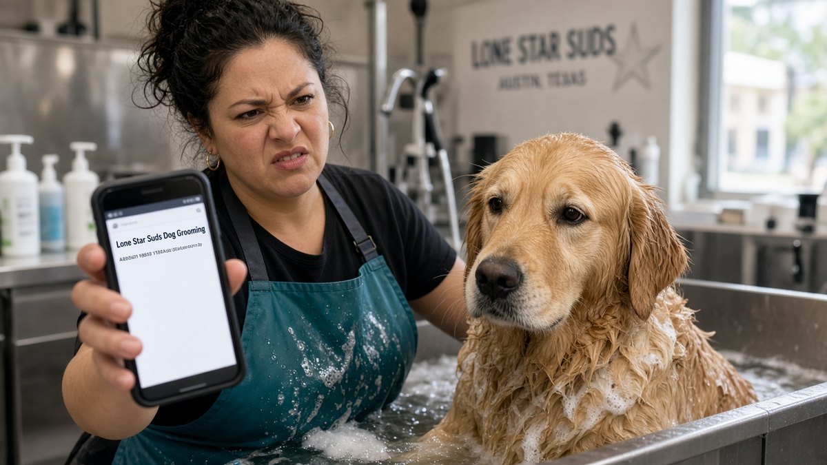 A dog groomer squinting at her phone, which shows a tiny, hard-to-read website for Lone Star Suds Dog Grooming, next to a soapy golden retriever in the bath, with a Lone Star Suds, Austin, Texas sign on the wall behind them