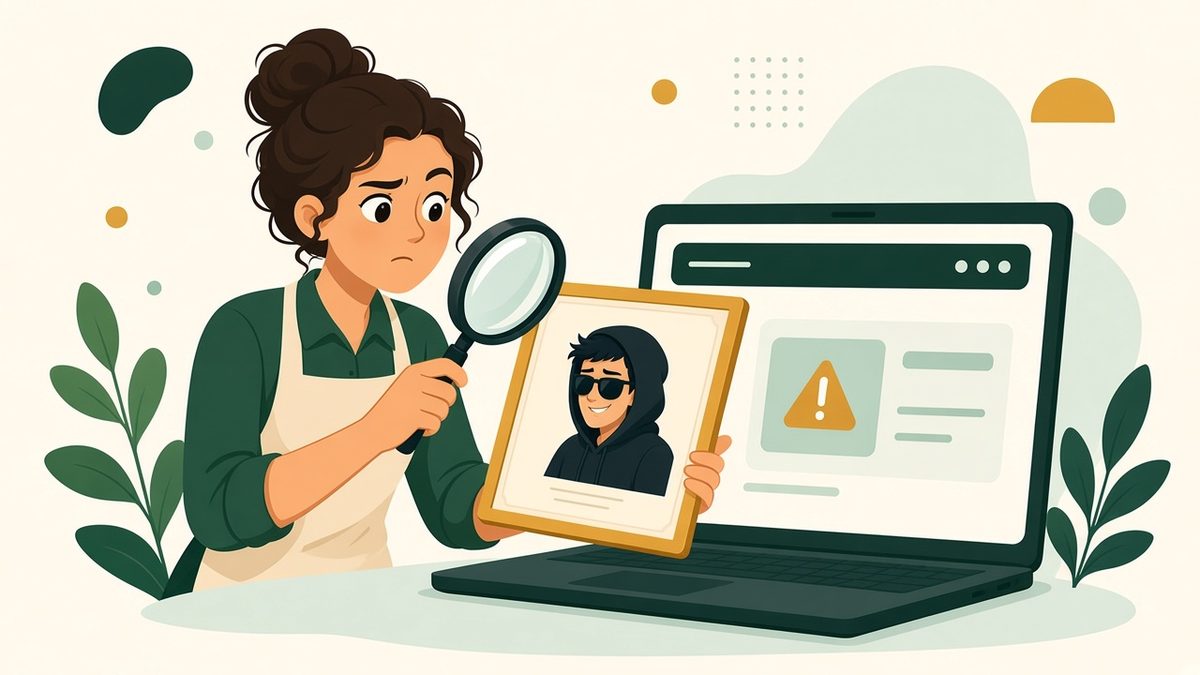 A puzzled cafe owner in an apron inspects a framed ownership certificate through a magnifying glass, but the portrait on it is a grinning hooded developer in sunglasses, while her laptop shows a lookup result with a warning sign