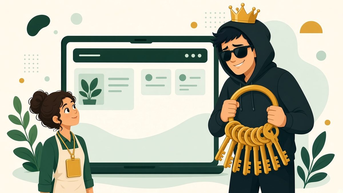 A tiny business owner wearing an oversized guest pass looks up at a giant hooded developer wearing a gold crown and holding a huge ring of golden master keys in front of her website