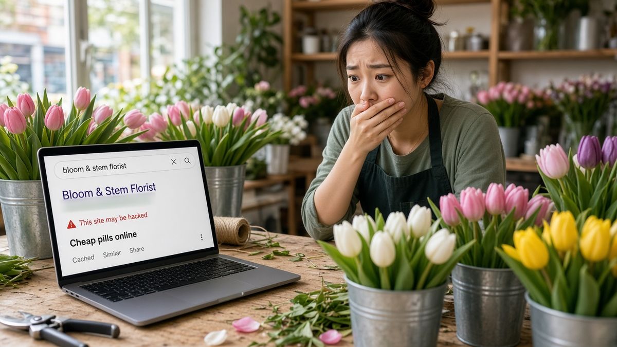 A florist in her shop covering her mouth in horror at a laptop showing her business in Google search results with the warning This site may be hacked and the listing Cheap pills online