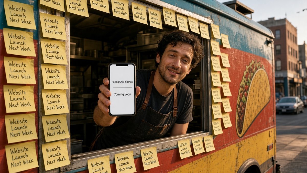 A food truck owner leaning out of his truck's service window with a tired grin, surrounded by faded, curling sticky notes that all say Website Launch Next Week, while his phone, facing the camera, shows a Coming Soon page for Rolling Chile Kitchen