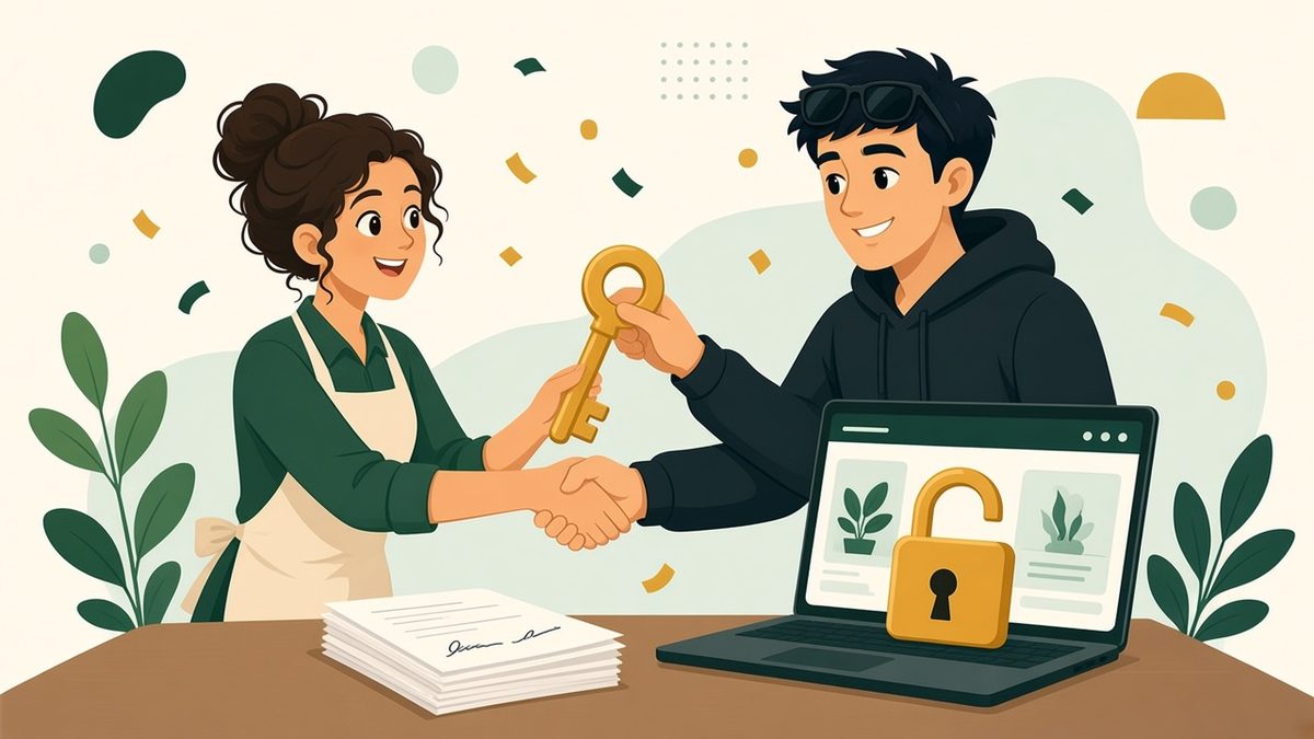 The developer, smiling with his sunglasses pushed up, shakes hands with the happy business owner and hands her a big golden key, beside signed paperwork and a laptop showing an unlocked padlock