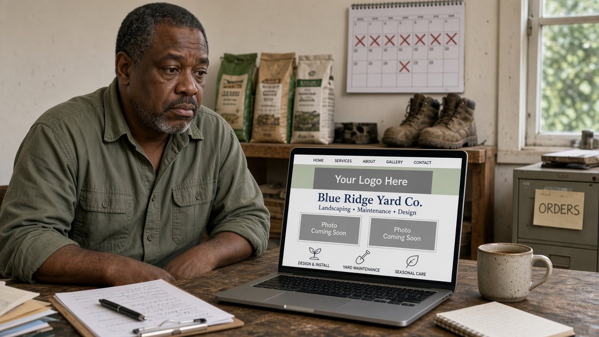 A landscaper in his 50s wearing a green work shirt sits at a desk in his garden supply office, staring at a laptop that faces the camera and shows a finished website for Blue Ridge Yard Co. with a gray Your Logo Here box and Photo Coming Soon placeholders, while a wall calendar behind him has a row of days crossed out with red X marks