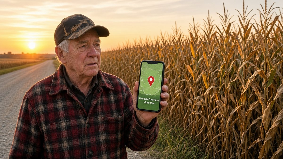 A bewildered retired man in a plaid jacket stands at the edge of an Iowa cornfield at golden hour, holding up his phone, which faces the camera and shows a map with a red pin in the middle of the field labeled Cornhusk Crust Pizza, Open Now