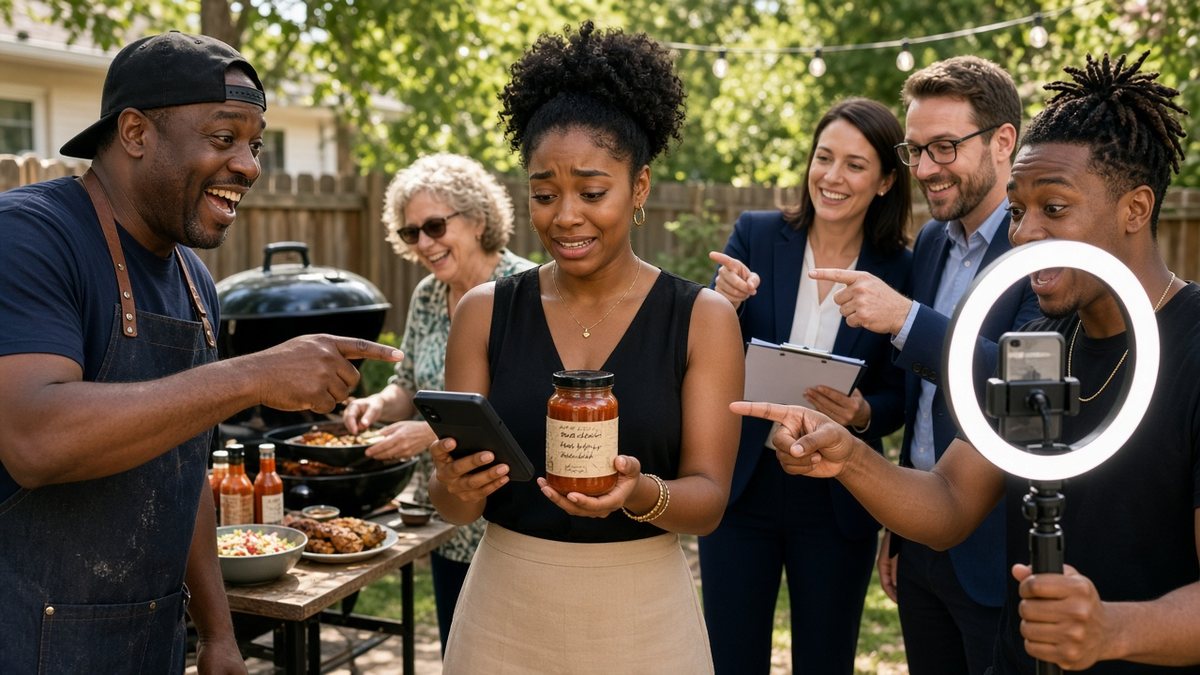 At a backyard barbecue, an overwhelmed young hot sauce maker holds her jar and a phone while her cousin in an apron, a guest filming with a ring light like a YouTuber and two agency people in blazers with a clipboard all point at her eagerly, telling her what to use