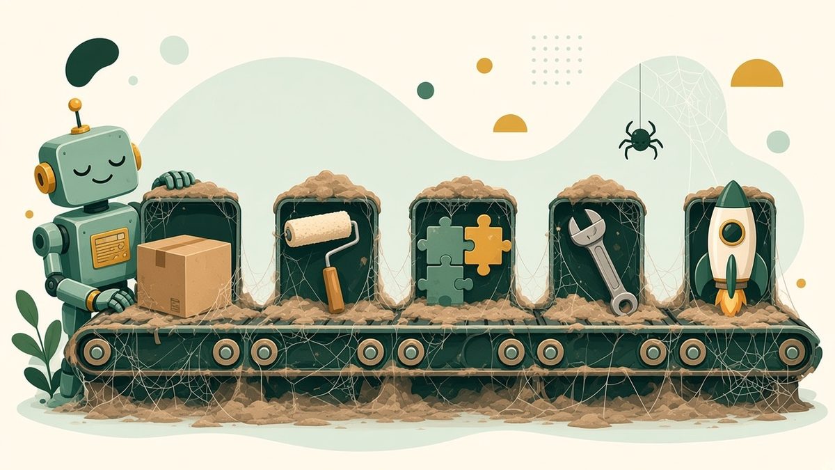 A dusty old factory conveyor belt with five stations, a box, a paint roller, puzzle pieces, a wrench and a rocket, covered in cobwebs while a sleepy robot dozes beside it