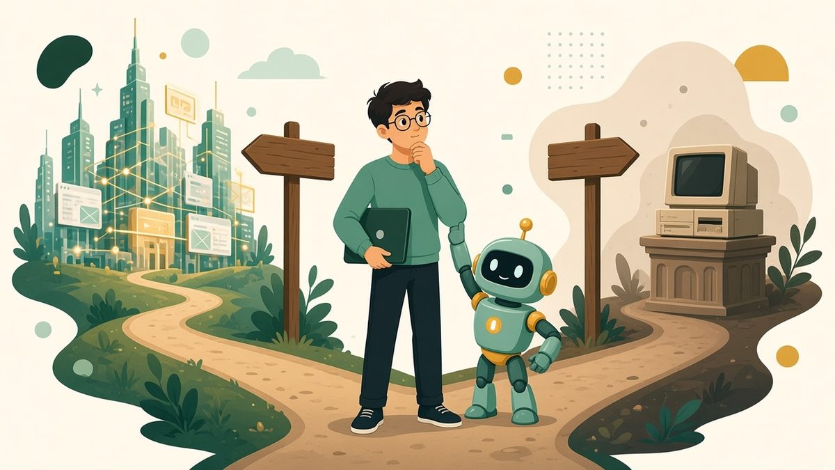 A thoughtful developer with a laptop stands at a crossroads between a gleaming futuristic city of websites and a dusty museum displaying an old computer, while a small robot tugs his sleeve