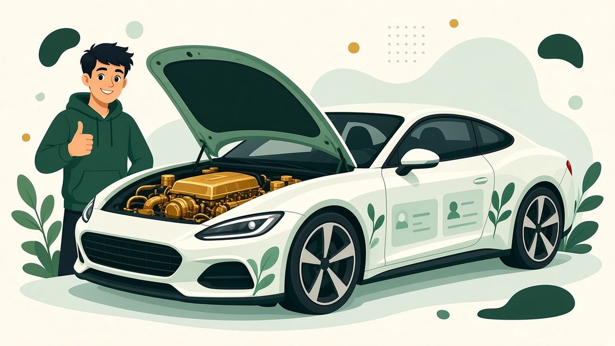 A sleek modern white car styled like a website with its hood open to reveal a sturdy gold engine, while a smiling developer gives a thumbs up