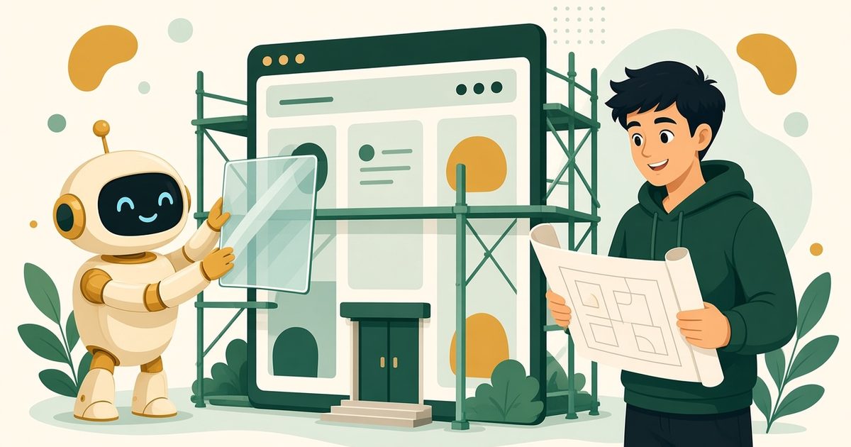 Illustration of a friendly robot and a smiling developer renovating a classic website-shaped building on scaffolding, fitting sleek modern glass panels