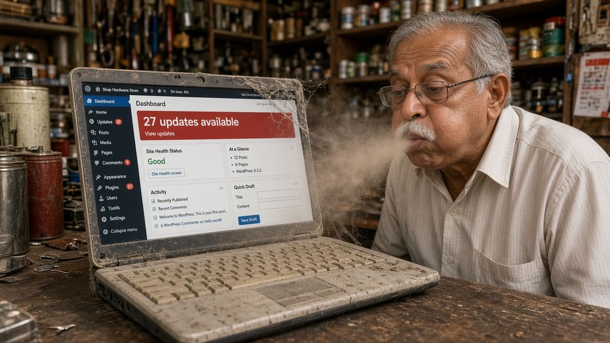 An elderly hardware shopkeeper blowing a cloud of dust off a cobwebbed laptop whose WordPress dashboard says 27 updates available