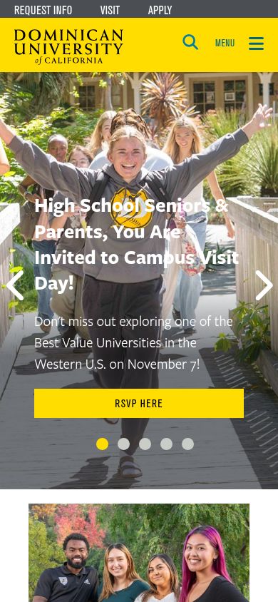 Dominican University of California homepage on a smartphone: university website with Request Info, Visit and Apply links at the top