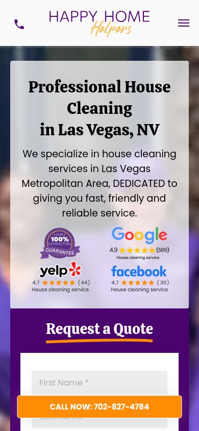 Happy Home Helpers homepage on a smartphone: Las Vegas cleaning website with ratings badges and a sticky Call Now button