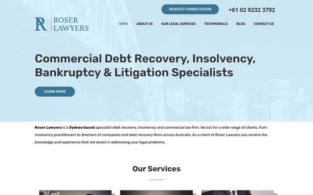 Roser Lawyers homepage on desktop: law firm website hero reading Commercial Debt Recovery, Insolvency, Bankruptcy and Litigation Specialists
