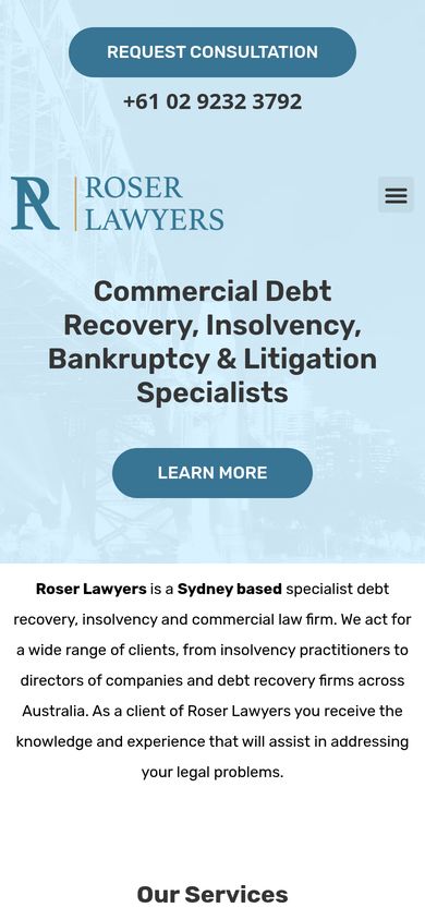 Roser Lawyers homepage on a mobile phone: responsive law firm website with consultation button