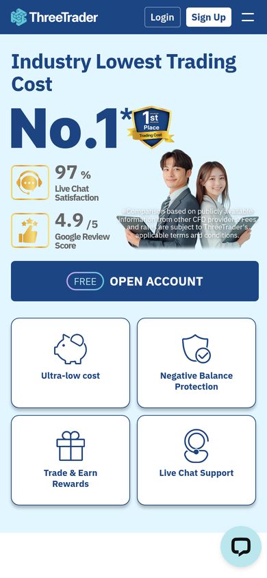 ThreeTrader homepage on a smartphone: responsive forex broker website hero