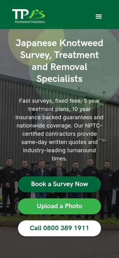 TP Knotweed Solutions homepage on a smartphone: knotweed removal website with stacked Book a Survey, Upload a Photo and Call buttons