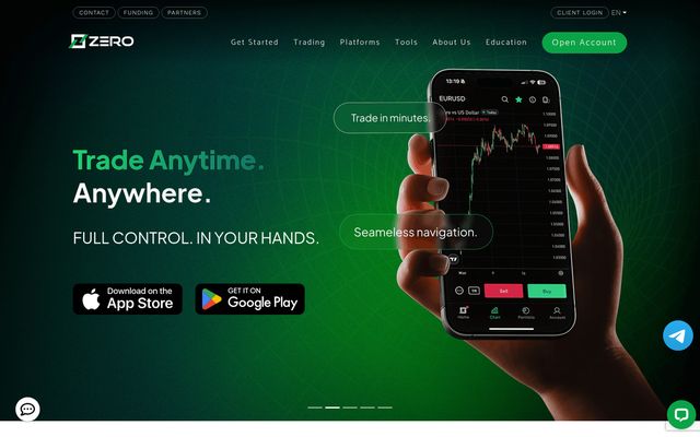 ZERO Markets homepage on desktop: trading broker website hero with a phone showing a trading chart and app store buttons