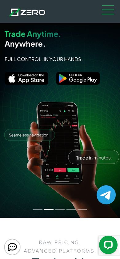 ZERO Markets homepage on a smartphone: responsive WordPress trading website